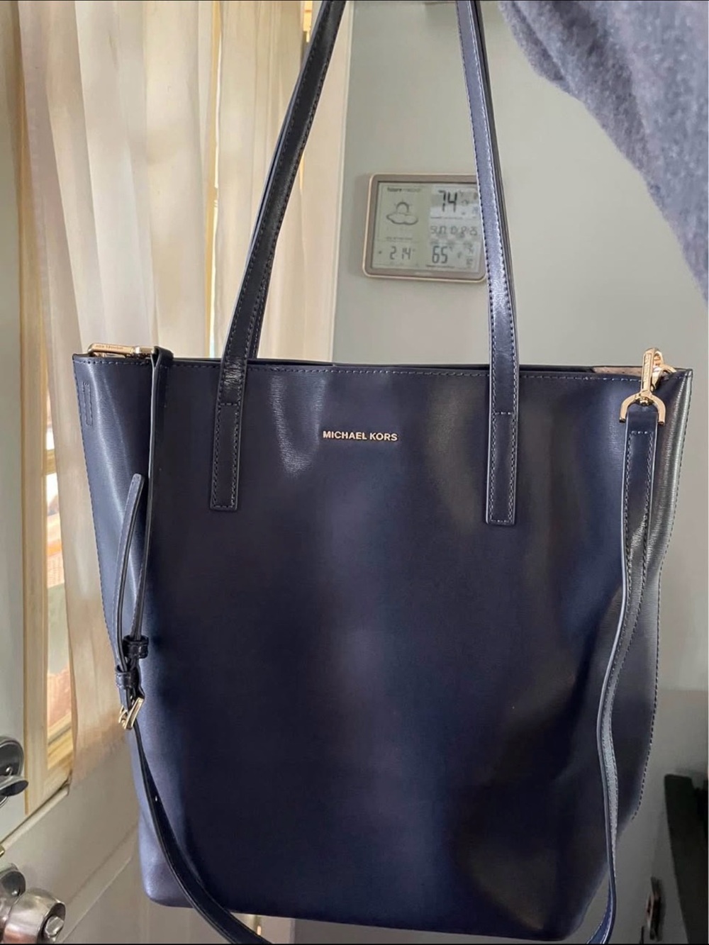 Michael Kors Navy Leather Tote with Gold Hardware